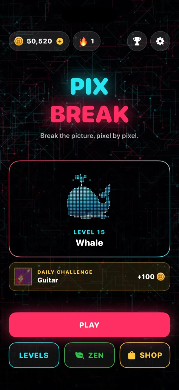 Pixbreak home screen: the next level, a pixel whale, the daily challenge and the Levels, Zen and Shop buttons