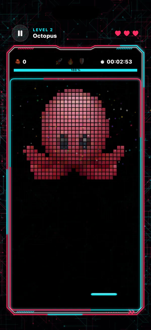 Level 2, Octopus: the progress bar at 100 percent and the octopus picture rebuilt from bricks